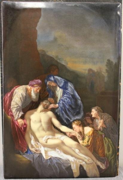 SCHIER, Franz. Signed German Porcelain Plaque.: Signed Franz Schier Muchen 1885 lower left. Titled, "The Entombment of Christ," and dated 1855 verso. From a Manhattan, NY location. Dimensions: 15.125" high x 10" wide.