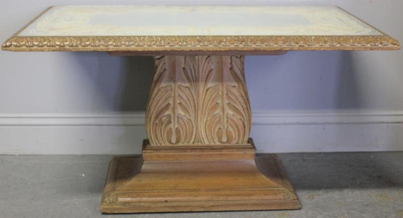 Small Mirrored Top and Silver Leaf Table.: With feather design and carved base. From a New Hyde Park, NY location. Dimensions: 35.75" w x 19.75" d x 19.5" h.