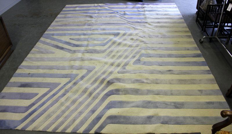 Edward Fields Modernist Desgin Roomsize Carpet.: With blue and white modern design blue stripes on white background. From a Manhattan, NY estate.