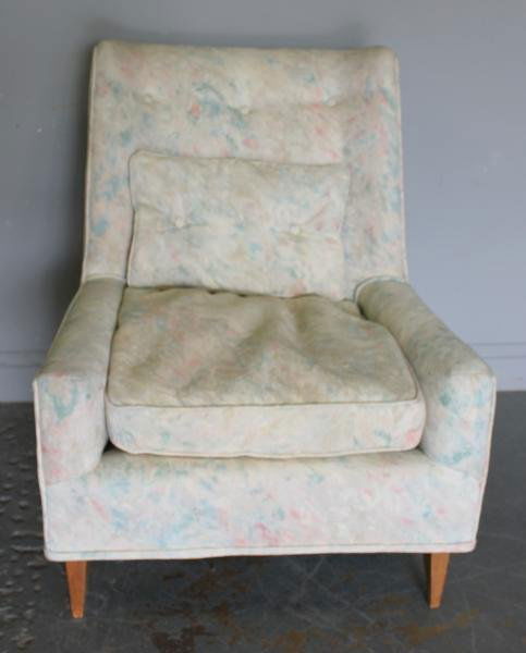 Midcentury Upholstered Chair: Unmarked, but probably Jens Risom. From a Woodmere, NY home. Dimensions: 30" w x 34" deep x 36.5" high
