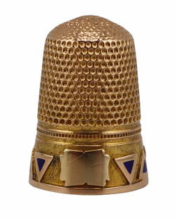 GOLD. 14kt Gold and Blue Enamel Thimble.: 14kt yellow gold thimble displaying a border of alternating &quot;up&quot; and &quot;down&quot; triangular pendants with central panels of blue enamel work. Cartouche is free of a monogram and/or insc