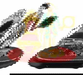 19th C European? Figural and Gilt Metal Necessaire: Early 19th c painted porcelain figural grouping of a standing gentleman carrying a &quot;silvered&quot; gilt metal mirror and set atop gilt metal mounted painted circular base. Gentleman is standing w