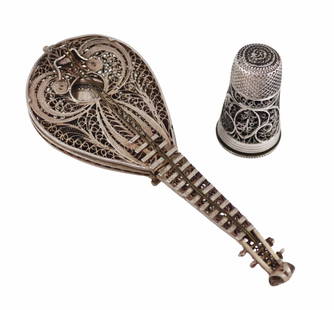 SILVER. (2) 18th/19th C Silver Filigree Objects.: Includes a 19th century miniature silver filigree mandolin thimble box and silver thimble - mandolin is missing two brass strings, accompanied by a Jan 28th 2017 ebay receipt of $440; and an antique B