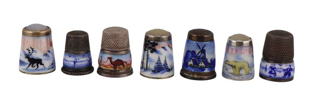 SILVER. (7) Silver and Enamel Landscape Thimbles. (1 of 1)