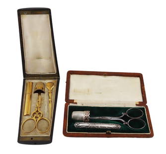 (2) Antique French Sewing Kits or Necessaires.: Includes a French hinged sewing kit with multi-color lacquer and mother-of-pearl opening to reveal gilt metal sewing accoutrements including a thimble, scissors, bodkin needle, and needle case. Accomp