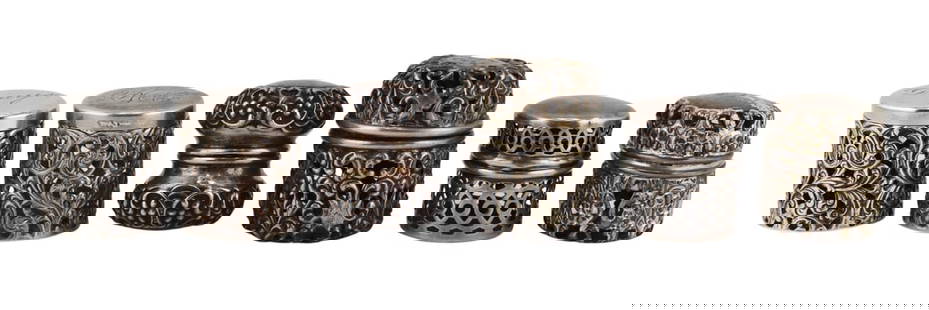 STERLING. (6) Antique/Vintage Sterling Thimble: Cases. Includes (2) Unger Bros. sterling thimble cases with pierced scroll work - personal inscription to both lids; monogrammed sterling hinged thimble case with pierced scroll work - stamped, &quot;