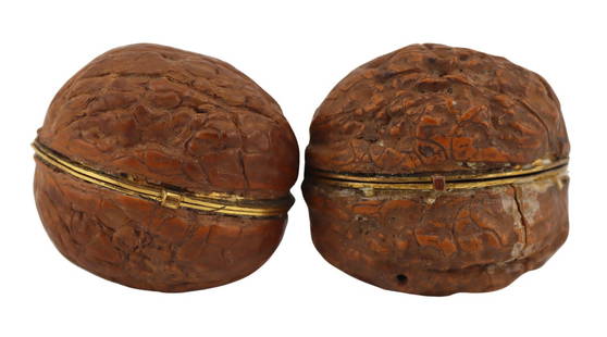 (2) 19th Century French Carved Walnut Etuis.: Includes a 19th century French gilt metal mounted carved walnut etui with pink silk lining - includes scissors with gilt metal handles, a gilt needle case, gilt needle, gilt metal thimble, and gilt me