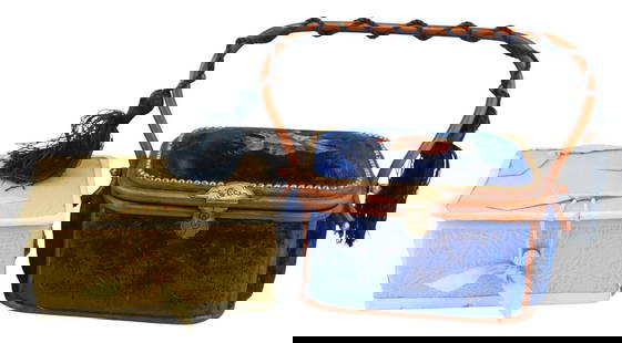 (2) Antique/Victorian Sewing Kits.: Includes a Victorian hinged blue velvet? mounted sewing kit with embroidered roses to lid - blue silk lined interior with celluloid objects; and a Victorian Shaker Sabbathday Lakes Maine child's sewin