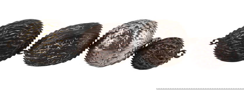 SILVER. (4) Walnut Form Etuis or Thimble Cases.: Includes a sterling walnut form hinged etui opening to reveal a gold washed interior with hinged glass front compartment to one side, and a cylindrical hinged pin cushion with central pin cushion and