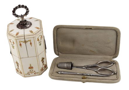 (2) Antique Sewing Kits with Accoutrements.: Includes a hinged rectangular necessaire with rounded shoulders and fitted interior revealing French .800 silver objects including a thimble, scissors with silver handles, and a stainless stiletto wit