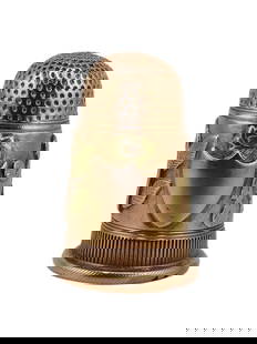 GOLD. High Relief 10kt Bi-Color Gold Thimble.: Antique high relief 10kt bi-color gold thimble displaying roses, clasped hands, stars and doves flanking a central blank shield. Apparently unmarked. Total approx. weight of the thimble is 6.6 dwt (gr