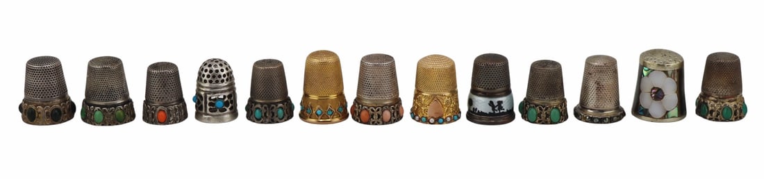 (13) Decorative Bejewelled, Enamel, MOP, and Gilt: Thimbles. Includes a sterling thimble with light blue guilloche enamel border displaying a silhouette of children amongst trees/foliate - stamped, "925"; an .800 silver thimble with oval tur