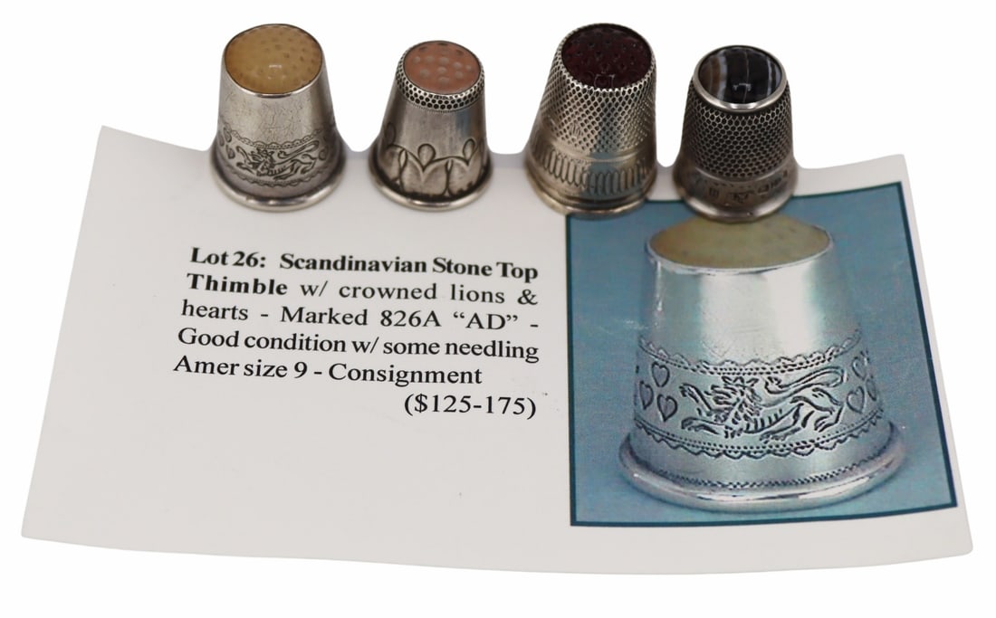 SILVER. (4) Silver and Carved Stone Crown Thimbles (1 of 13)