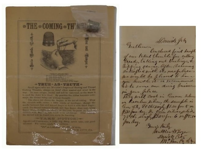 Walker & Boyer Thimble Patent, Letter, and Thimble: Presenting an amazing article of thimble history with a copy of a Walker & Boyer basting and thread cutting thimble patent, "The Coming Thimble Saves Hands, Teeth, Time and Temper"; a Wa