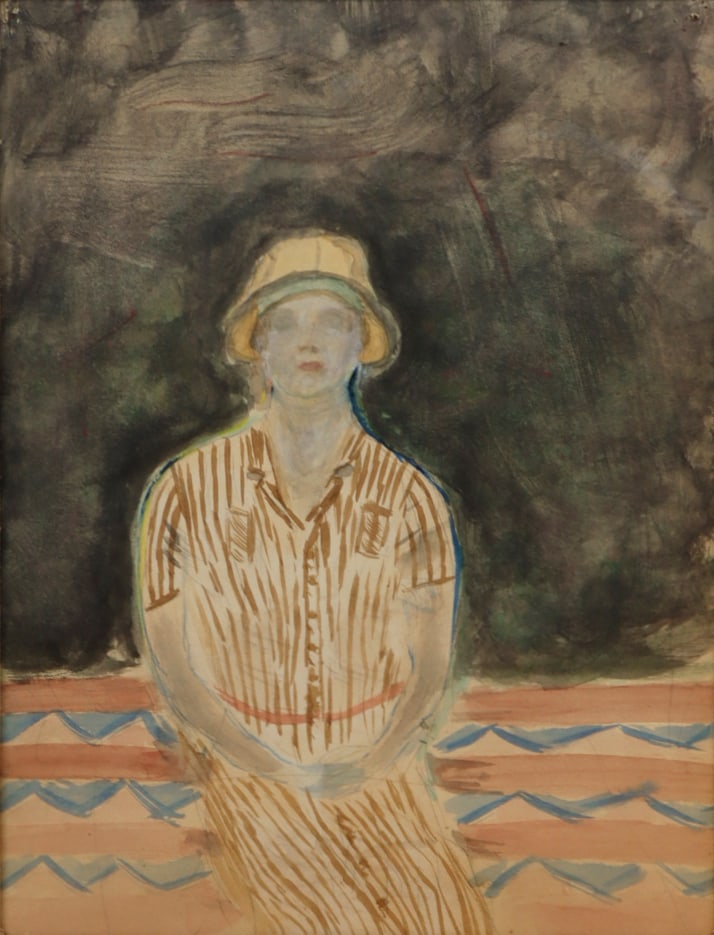 MANNER OF EDVARD MUNCH.: 'Portrait of a Lady in a Striped Dress and Yellow Hat'. Graphite and watercolor on paper. Apparently unsigned. Property of a Larchmont, NY collection. Dimensions: Sight size: 11.50" h x 8.75"