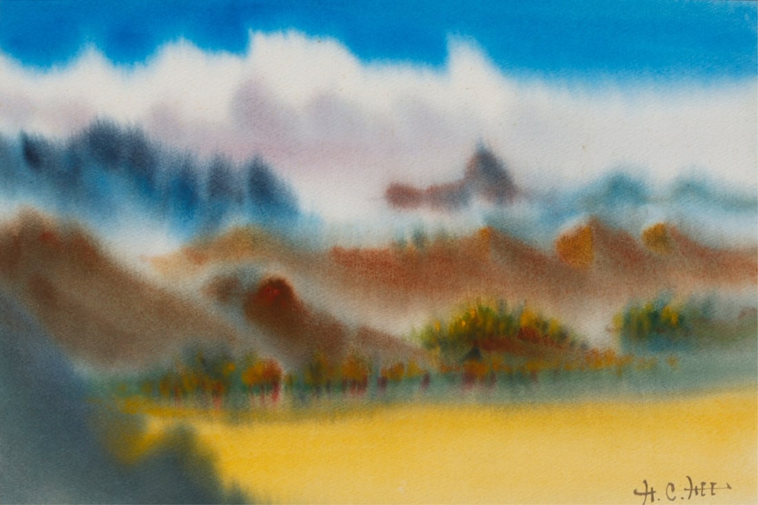 HON CHEW HEE (AMERICAN, 1906-1993) [10 WORKS].: Ten Watercolor scenes: (i) 'Untitled' (Abstract). Watercolor on paper. Signed lower right. (ii) 'Landscape'. Watercolor on paper. Signed lower right. (iii) 'Landscape with Houses'. 1985. Watercolor on