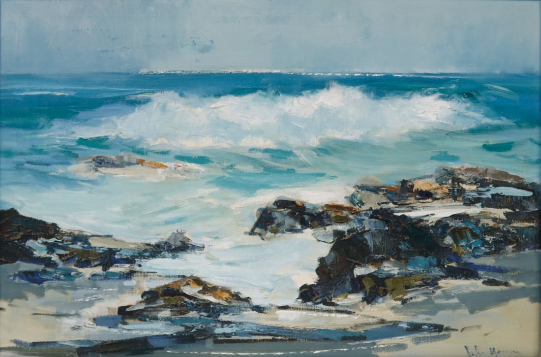 JOHN CHINN YOUNG (AMERICAN, 1909-1997).: 'Rocky Coast Line with Waves'. Oil on canvas. Signed lower right. Property of an East Meadow, NY estate. Dimensions: 24" h x 36" w. Frame: 29.375" h x 41.50" w.