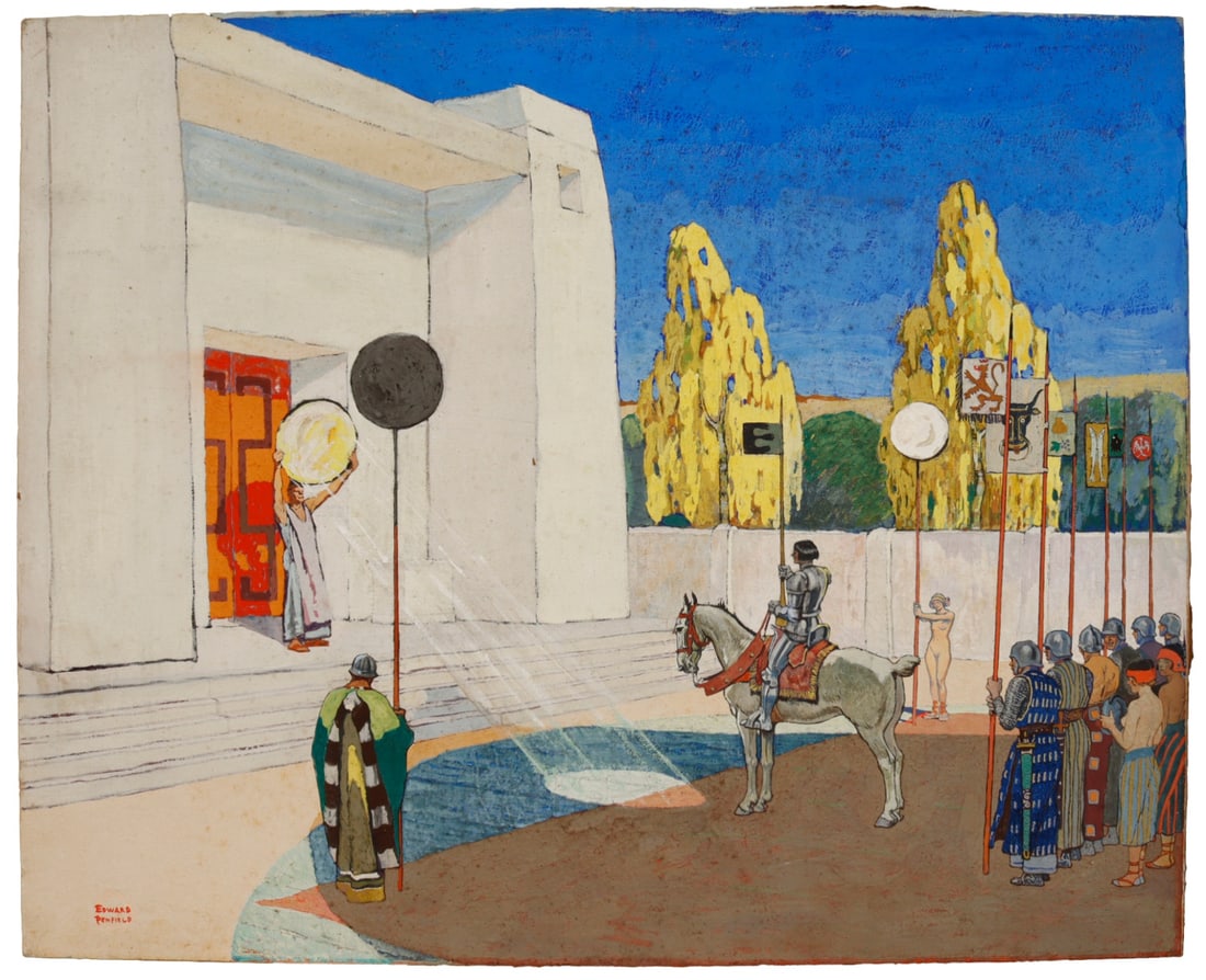 EDWARD PENFIELD (AMERICAN, 1866-1925).: 'The Temple of Truth'. Mixed media on canvas. Signed lower left. Provenance: Gift of the artist's wife, Jennie Judd Walker Penfield. Note: Edward Penfield widely regarded as the father of the American