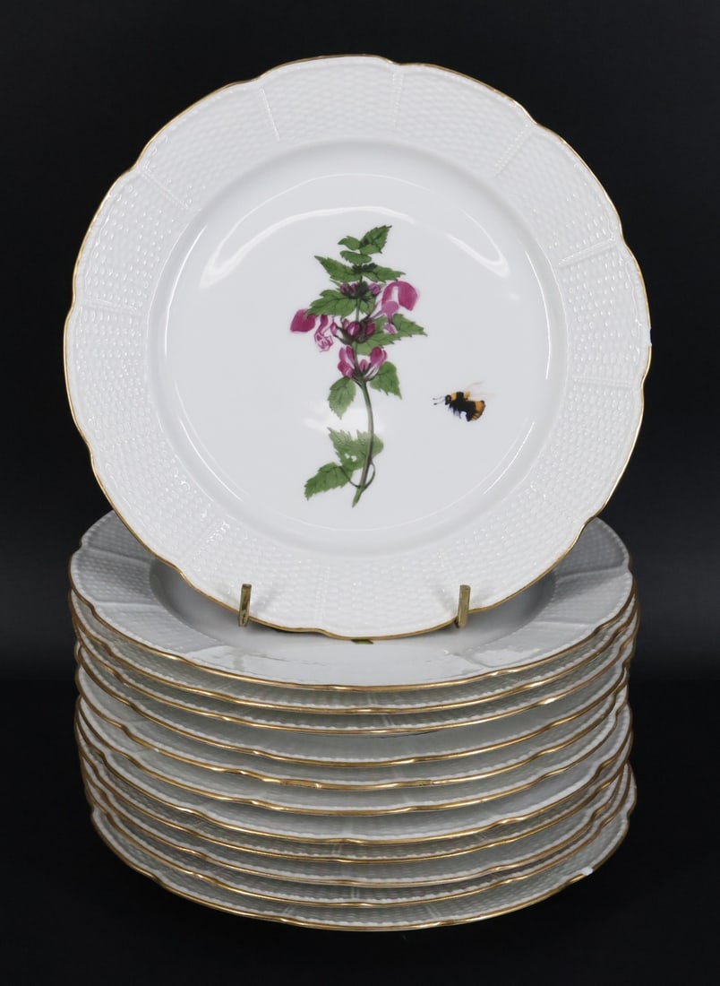 (12) Nymphenburg Porcelain Plates.: A set of plates decorated with various flowers and insects. The bases are stamped "Nymphenburg" and painted with the names of the flowers. From a White Plains, NY estate. - Dimensions: 8.25"