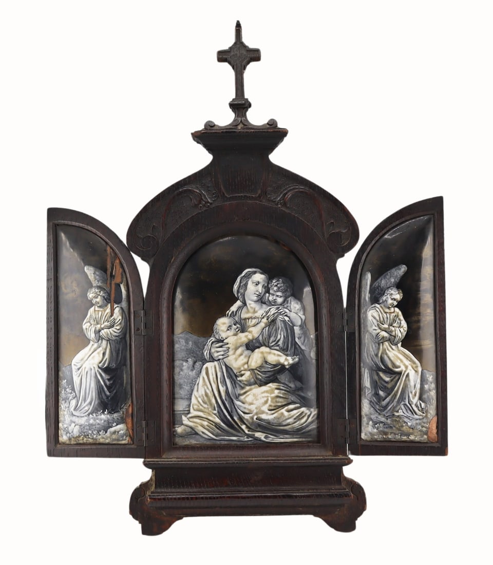 Enamel on Copper Tryptich.: From a Queens, NY estate. Dimensions: closed measures approx. 7.75" w x 1.25" d x 16.5" h.