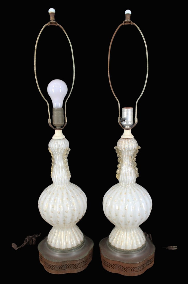 Midcentury Pair of Murano Glass Lamps.: From a White Plains, NY estate. - Dimensions: 32" h to finial