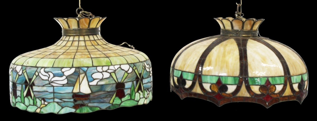 2 Vintage Tiffany Style Leaded Glass Hanging Shade (1 of 7)