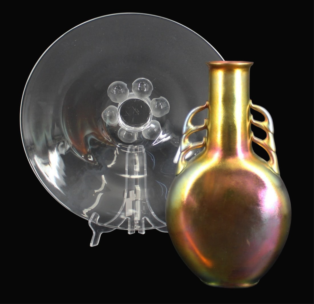 STEUBEN Aurene Vase together with a Crystal Bowl.: Both signed. From an East 57th St NYC estate. Dimensions: Vase: 12.5" h x 7" w and Bowl 4.75" h x 14.75" dia.