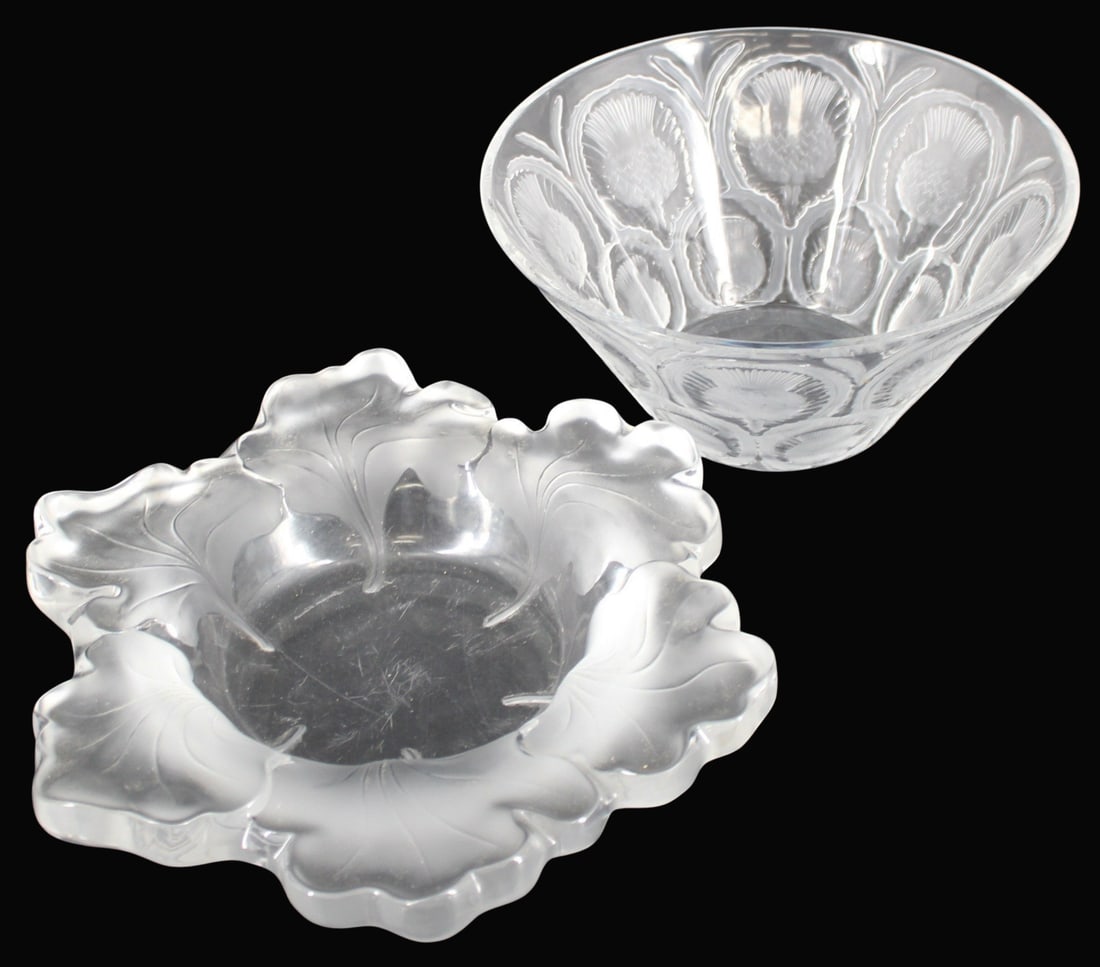 LALIQUE France Thistle Bowl Together With A: "Capucine" Dish. From an East 57th St NYC estate. - Dimensions: 2.5" h x 12" dia & 5" h x 10" dia
