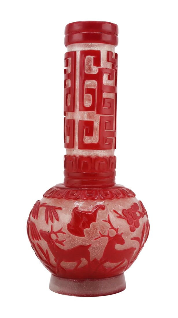 Chinese Red Overlay Clear Glass Bottle Vase.: Chinese red overlay clear glass "Landscape" bottle vase displaying birds, stags, a single bat, and a pagoda set amongst pine trees. From a Pound Ridge, NY estate. Dimensions: vase measures a