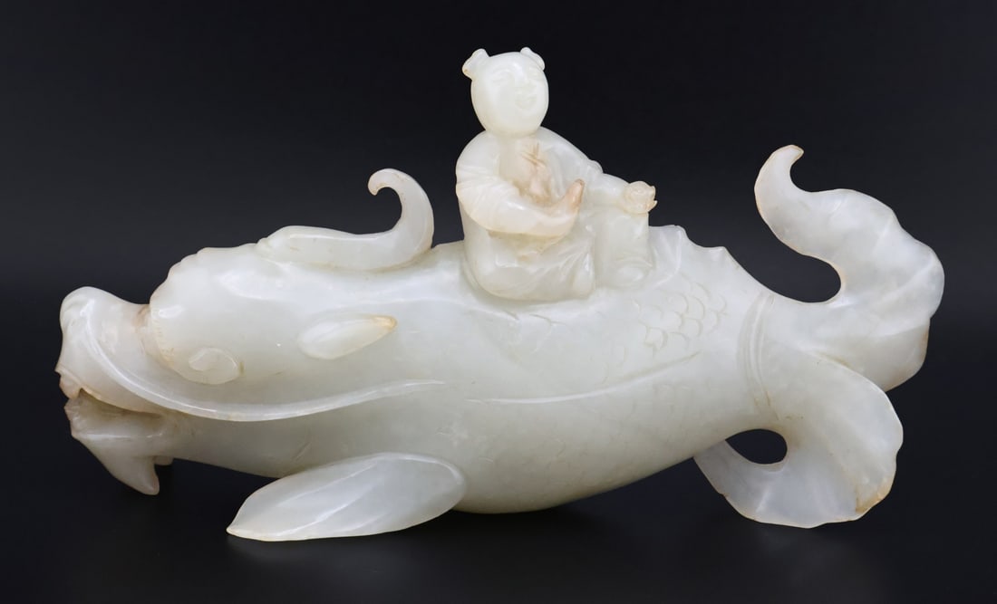 Chinese White Jade Carving of a Boy atop a Fish. (1 of 7)