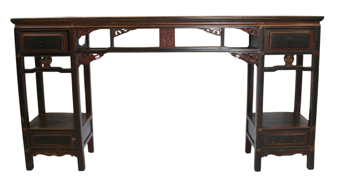 Vintage Chinese Lacquered 3 Drawer Console.: From a Central Park South NYC estate. - Dimensions: 41" x 78" x 14"