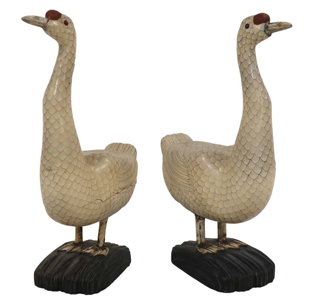 Pair of Chinese Lacquered Geese.: A pair of Chinese lacquered geese with gilt painted feathers and inlaid eyes. The feet and bills are bone. Apparently unmarked. From a Central Park South estate. Dimensions: measures approx. 21.75" h