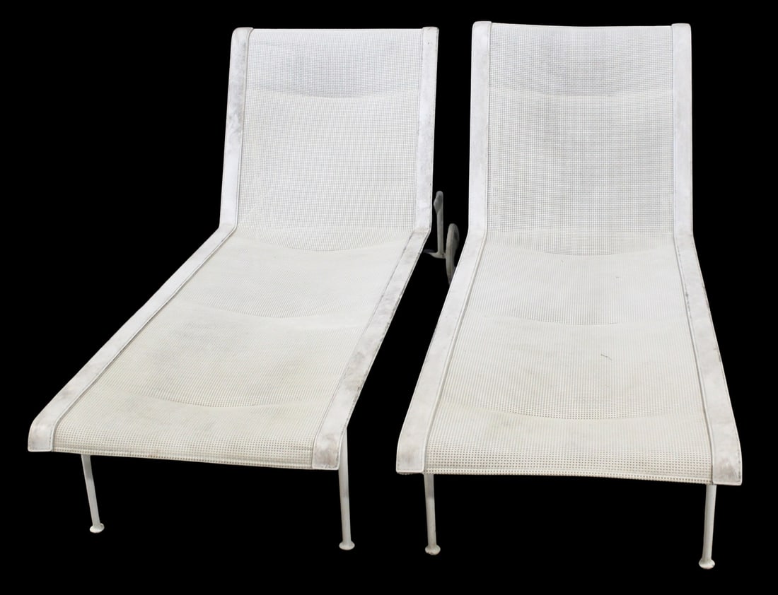 Vintage Pr of Richard Schultz Chaises With Wheels: From a New Milford, CT estate. Dimensions: 35.25" h (upright) x 75" w x 25.25" d.