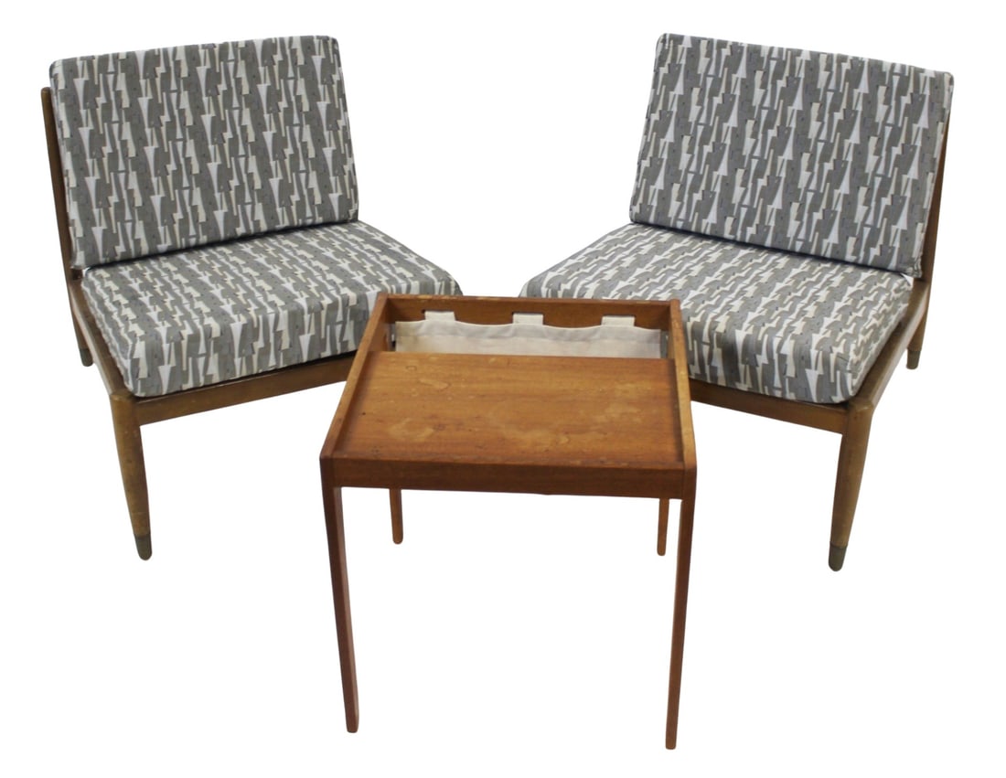 Midcentury Pair of Lounge Chairs Together with a: Magazine Holder (18" h x 18" x 18). From a New Milford, CT estate. - Dimensions: Chair: 25" h x 21.5" w x 28" d