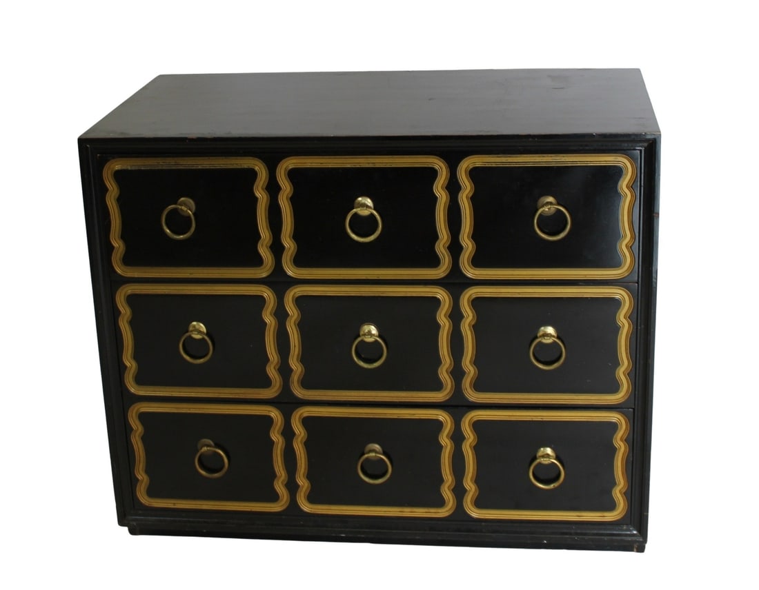 Midcentury Dorothy Draper Dresser.: 3 drawer, ebonized and gilt decorated. From an Astoria NY estate. - Dimensions: 31.5" x 38" x 20"