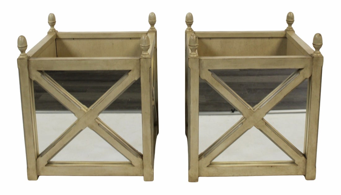 Vintage Pair of Wood & Mirrored Planters.: From a West End Ave NYC estate. - Dimensions: 27" h x 24" x 24"
