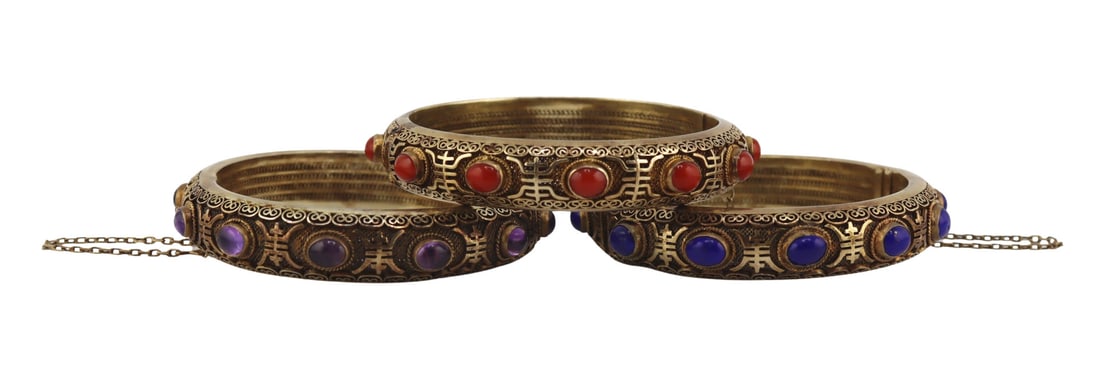 JEWELRY. (3) Chinese Silver Gilt and Cabochon (1 of 10)