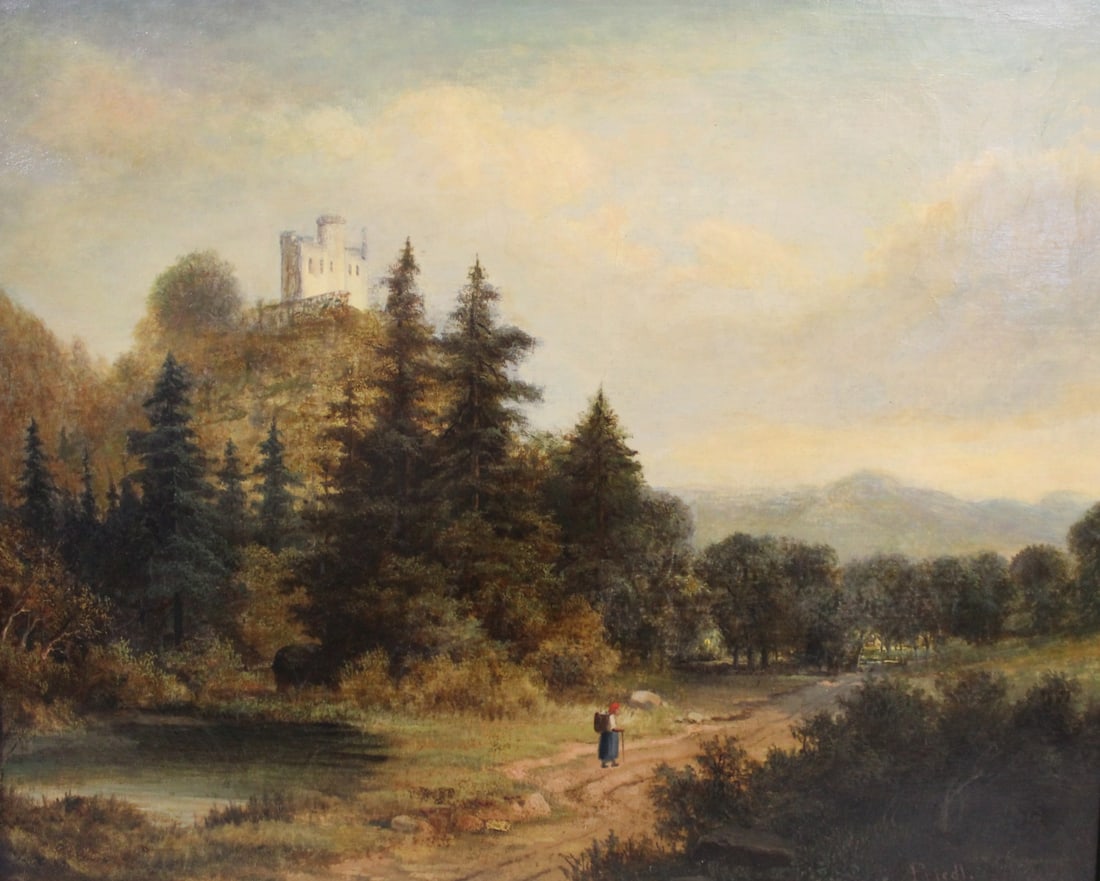 FRIEDL. Signed Oil On Canvas.: Castle on a hill. Large oil on canvas, signed lr rt. From a Newtown CT estate. - Dimensions: 24" x 31" & Framed: 34" x 38"