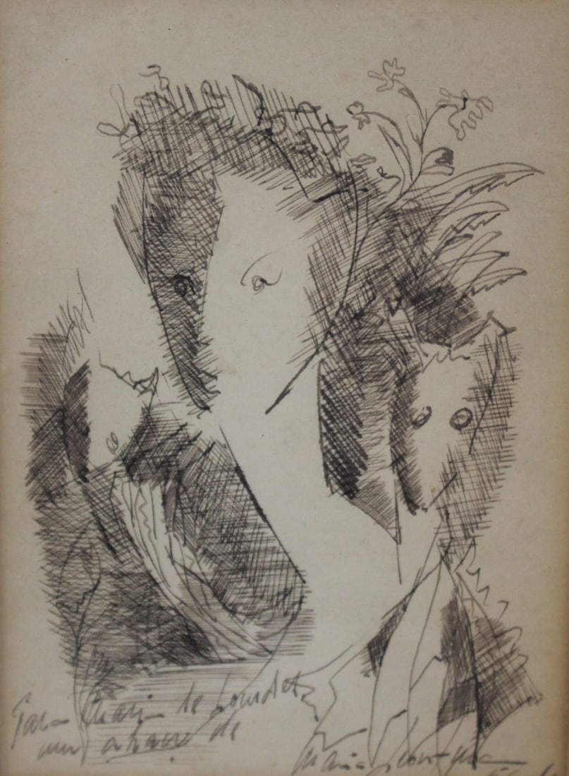 MARIA LEONTINA (BRAZILIAN, 1917-1984).: Framed figure drawing. From a Southampton, NY collection. - Dimensions: 6" x 4.75" & Framed: 20" x 10"