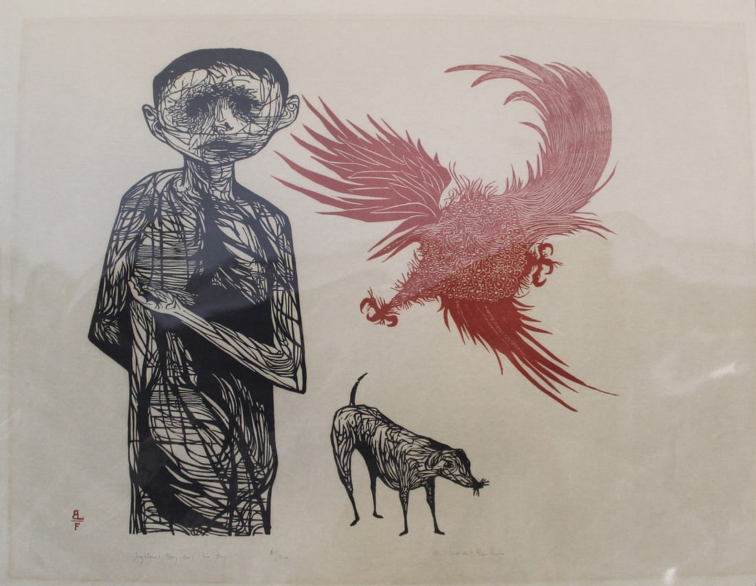 LEONARD BASKIN (1922 - 2000): "Frightened boy and his dog". Woodcut signed. From a New Jersey estate. - Dimensions: 18" x 20"