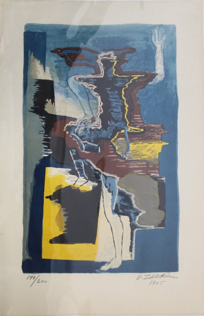 OSSIP ZADKINE (Russian 1890 - 1967): Fireangel. Lithograph in 10 colors. Signed, numbered 174/200 and dated 1965. From a Riverside Drive NYC estate. - Dimensions: 13.5" x 16.75"; sheet 30" x 22.25"