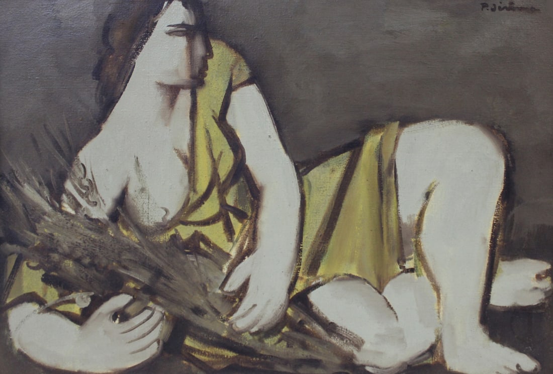 ILLEGIBLY Signed Oil On Canvas Spanish School.: Reclining woman with flowers. Oil on canvas, signed upper rt. From a Pelham Manor NY estate. - Dimensions: 15" x 21.5" & Framed: 22" x 29"