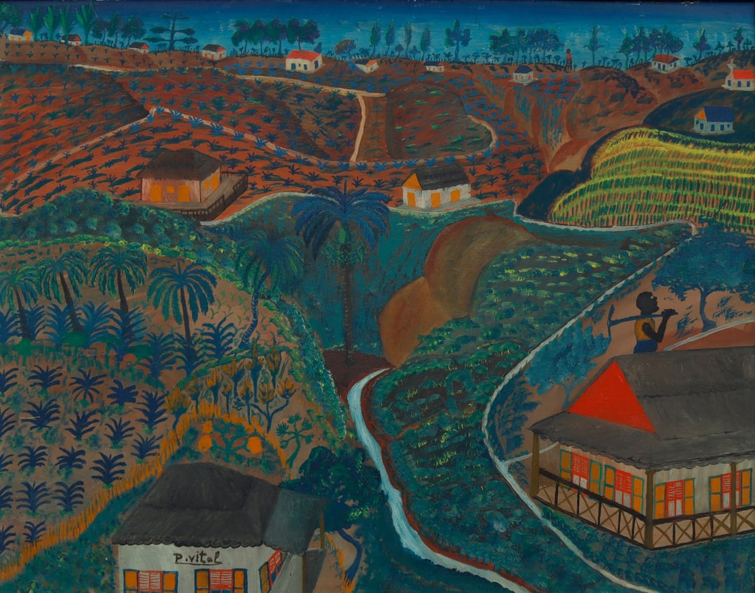 P. VITAL (HAITIAN, 20TH CENTURY).: 'Farmer in the Fields' Oil on on board. Signed lower left on house. From a NYC estate. Dimensions: 16" h x 19.75" w. Frame: 21.75" h x 25.75" w.