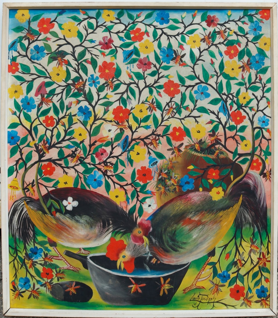 LOUIS JOSEPH (HAITIAN, 1932-2007).: Flowers and Chickens. Oil on board. Signed lower right. From a NYC estate. Dimensions: 24.75" h x 21.75" w. Frame: 26.25" h x 23" w.