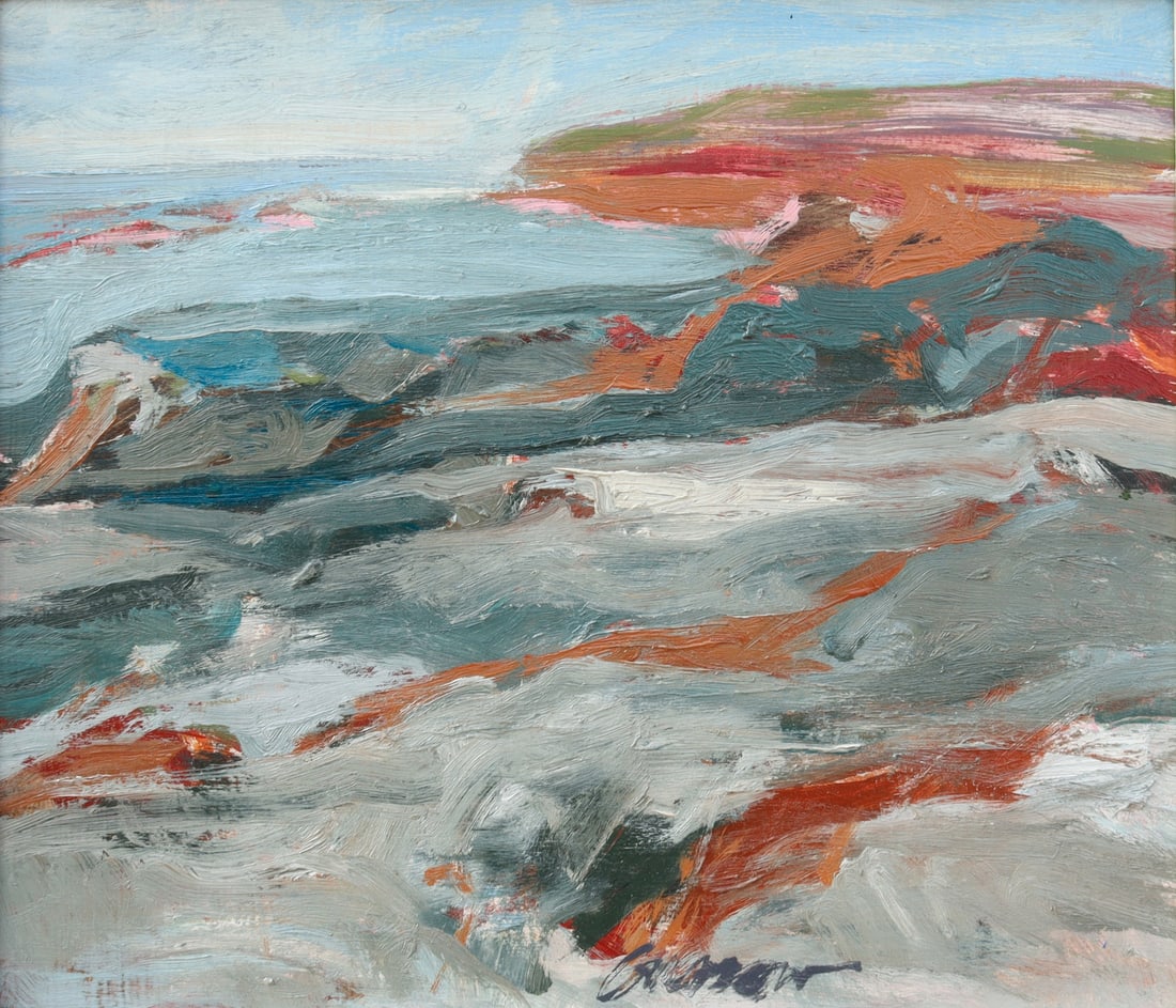 ALAN GUSSOW (AMERICAN, 1931-1997).: 'Mohegan Coast'. 1962. Oil on masonite. Signed lower right. Provenance: Peridot Gallery, NYC; Kraushaar Galleries, NYC. Property of a Manhattan, NYC collection. Dimensions: 13" h x 15" w. Fr