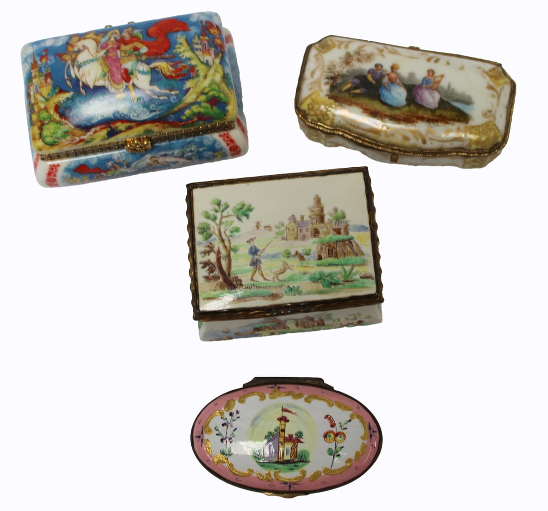4 Vintage Porcelain Pill Boxes.: To include: Meissen, Russian?, French? From a Stamford, CT estate. Dimensions: 1.25" h x 3" w x 1.75" d to 2" h x 3.5" w x 2.5" d.