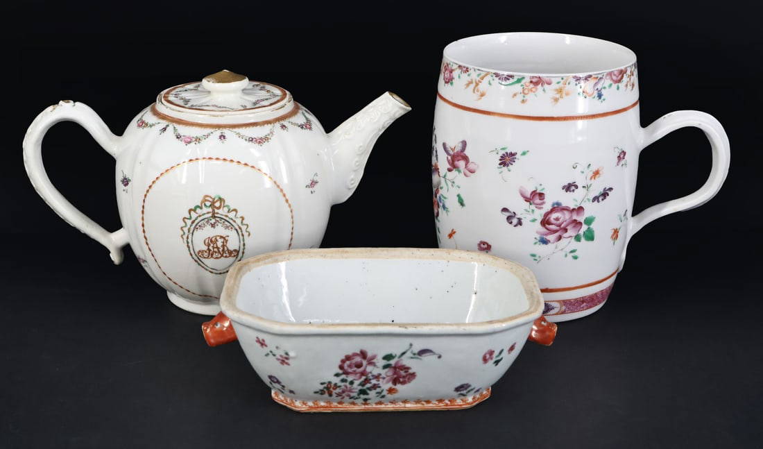 Chinese Export Teapot, Mug, and Dish.