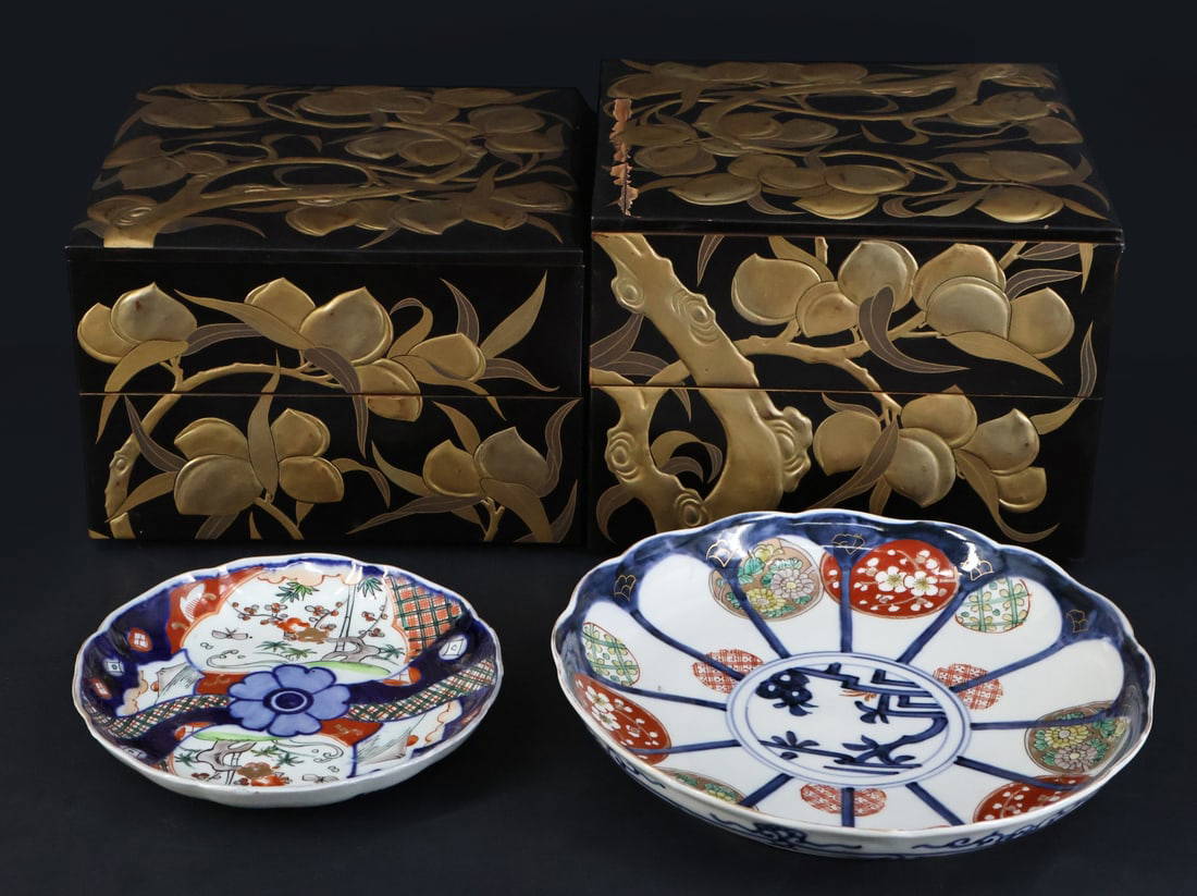 Japanese Lacquered Boxes and Imari Plates.