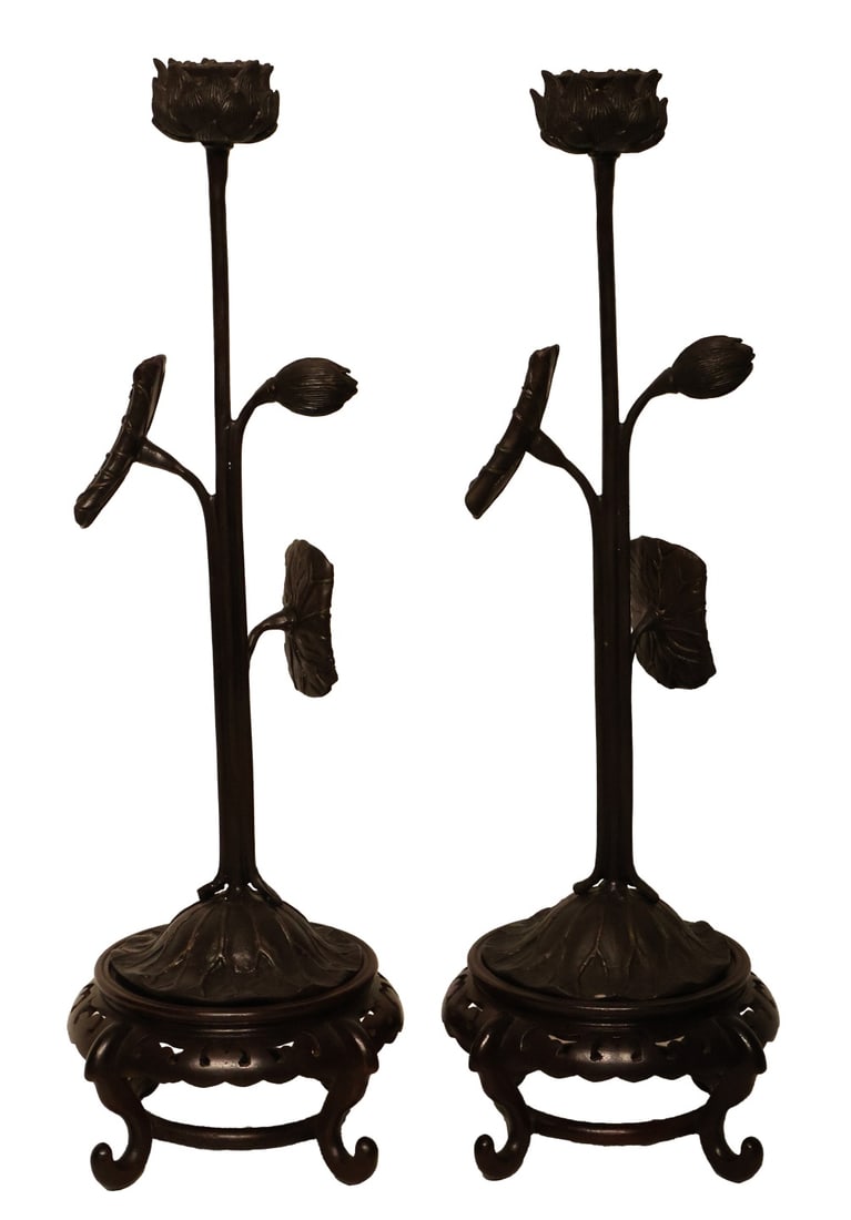 Pair of Bronze Japanese Candle Holders.