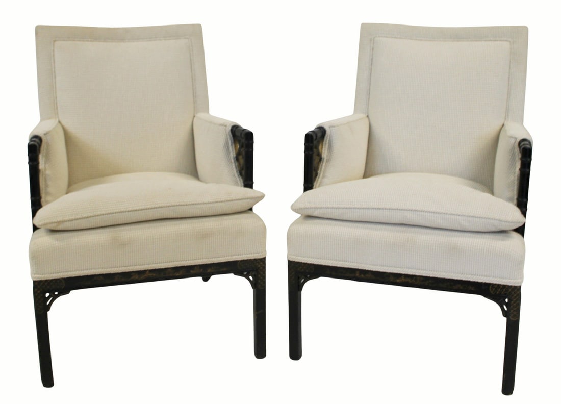 Vintage Pair Of Upholstered Arm Chairs.: Sturdy, comfy with bamboo form arms. From a Mahopac, NY estate. - Dimensions: 36" h x 23" w x 26" d.